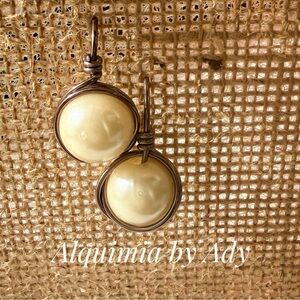 Big Cream Acrylic Earrings | Bronze Wire Wrap
